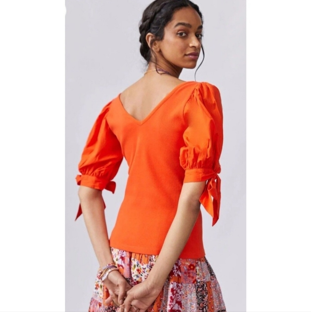 Maeve Bright Orange Puff-Sleeve V-Neck Top - Picture 2 of 13